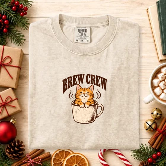 The same design on the same Ivory shirt, photographed on a Christmas background