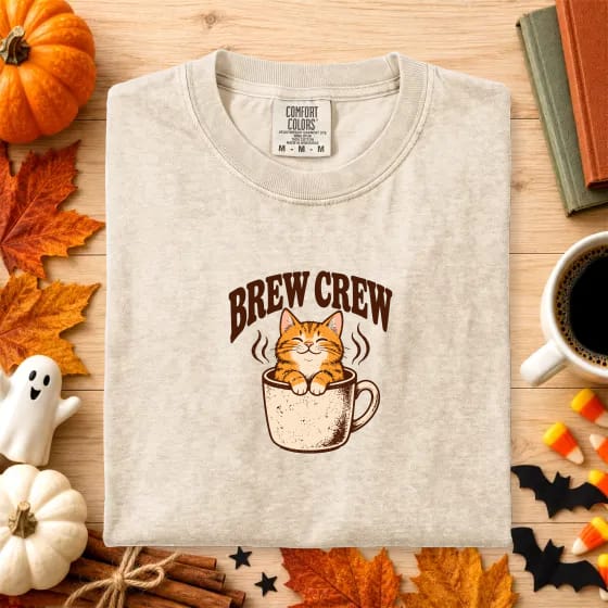 The same design on the same Ivory shirt, photographed on a Halloween background